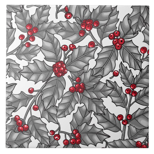 Holly berry, grey leaves on white tile (Front)