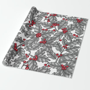 Holly berry, grey leaves on white wrapping paper