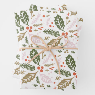 Holly Berry Hand Drawn Colourful Holiday Pattern Wrapping Paper Sheet