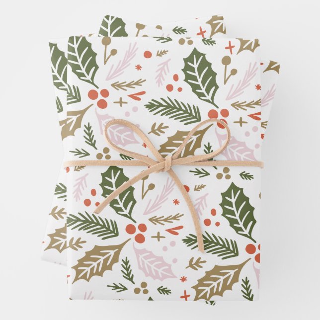 Holly Berry Hand Drawn Colourful Holiday Pattern Wrapping Paper Sheet (In situ)