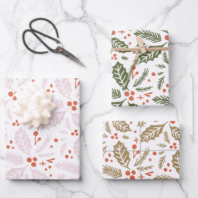Holly Berry Hand Drawn Multi-colour Pattern Wrapping Paper Sheet (Front)