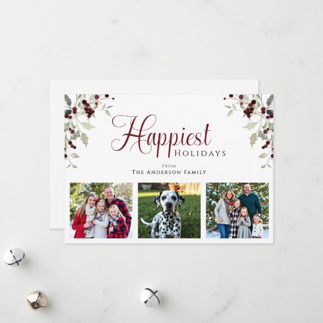 Holly Berry Happiest Holidays Photo Christmas Holiday Card (Front/Back In Situ)