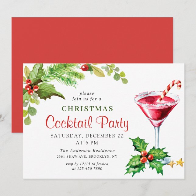 Holly Berry Holiday Christmas Cocktail Party Invit Invitation (Front/Back)