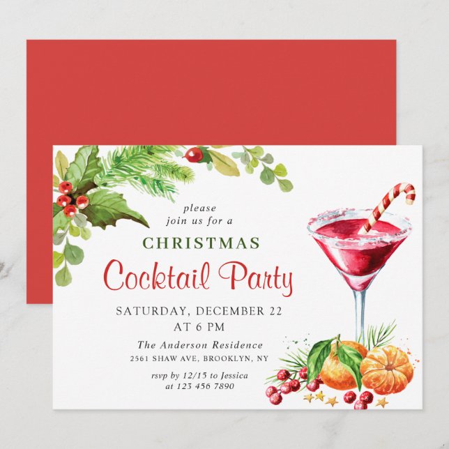 Holly Berry Holiday Christmas Cocktail Party Invitation (Front/Back)