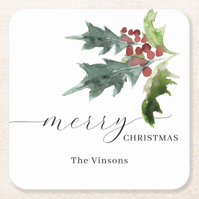 Holly Berry Holiday  Square Paper Coaster (Front)