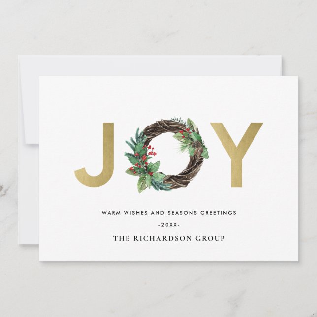 HOLLY BERRY JOY GOLD WREATH CHRISTMAS CORPORATE HOLIDAY CARD (Front)