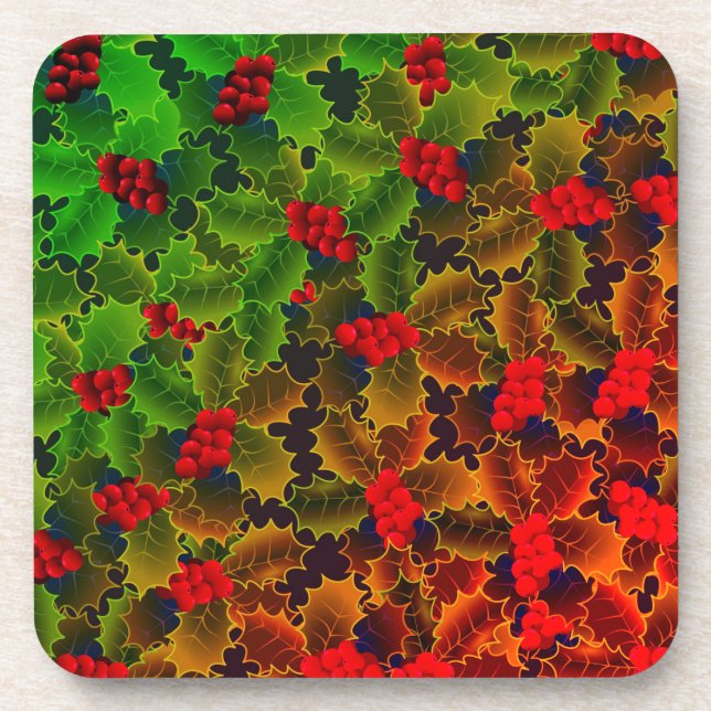 Holly berry leaves glowing look winter red green  coaster (Front)