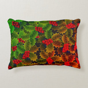 Holly berry leaves glowing red green winter hearth decorative cushion