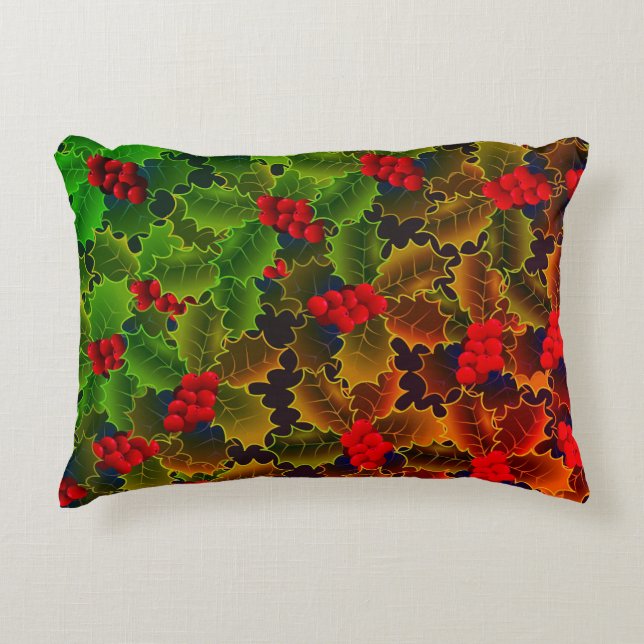 Holly berry leaves glowing red green winter hearth decorative cushion (Front)
