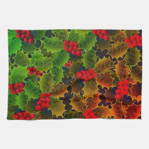 Holly berry leaves glowing winter hearth red green tea towel