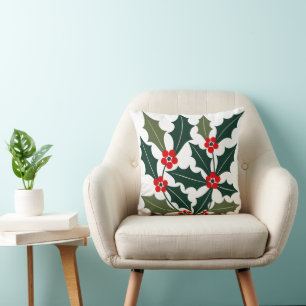 Holly Berry Leaves Mid Century Modern Style Cushion