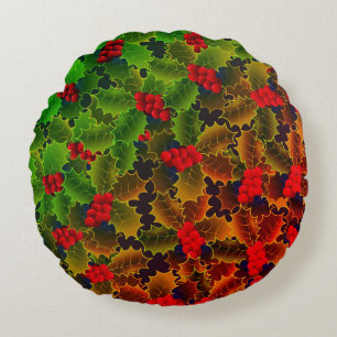 Holly berry leaves red green glowing winter hearth round cushion