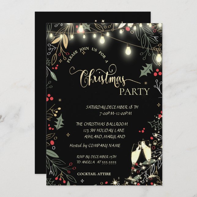 Holly Berry,Lights, Glass Company Christmas Party Invitation (Front/Back)