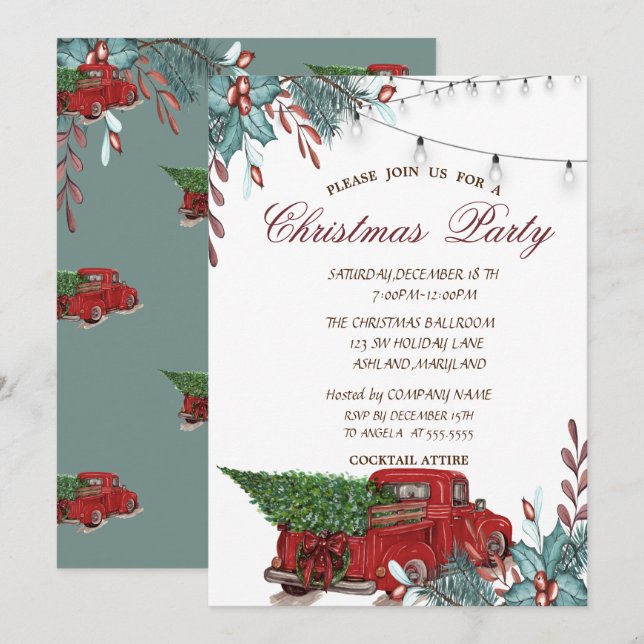 Holly Berry,Lights,Red Truck Christmas Party Invitation (Front/Back)
