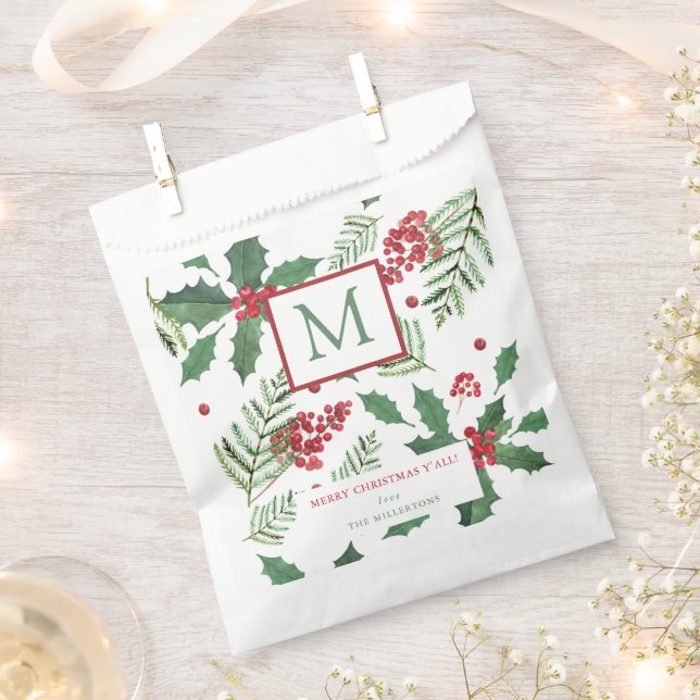Holly Berry Merry Christmas Monogram Favour Bags (Clipped)