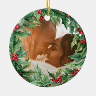 Holly Berry Mistletoe Custom Christmas Photo Ceramic Tree Decoration