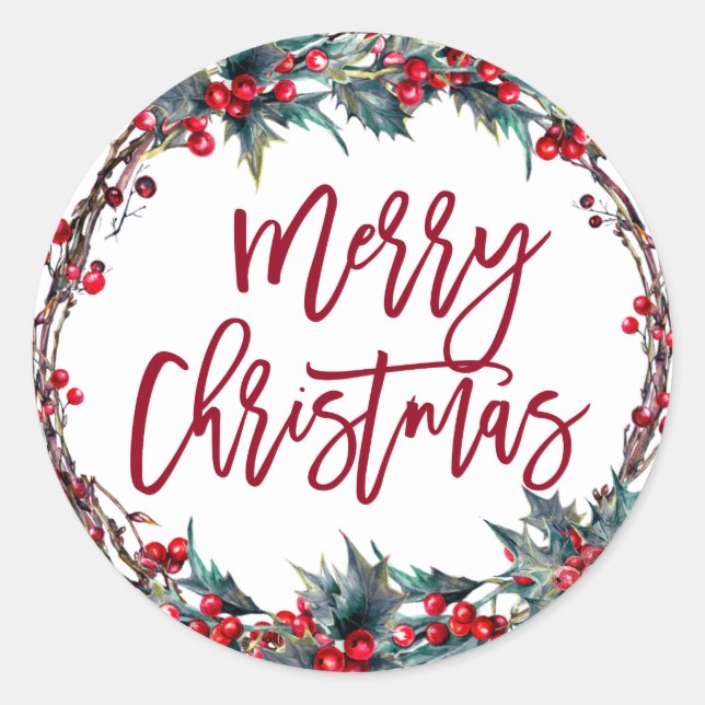 Holly Berry Mistletoe Watercolor Christmas Classic Round Sticker (Front)