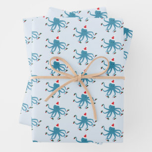 Holly Berry Octopus Santa Hat Animal Christmas Wrapping Paper Sheet