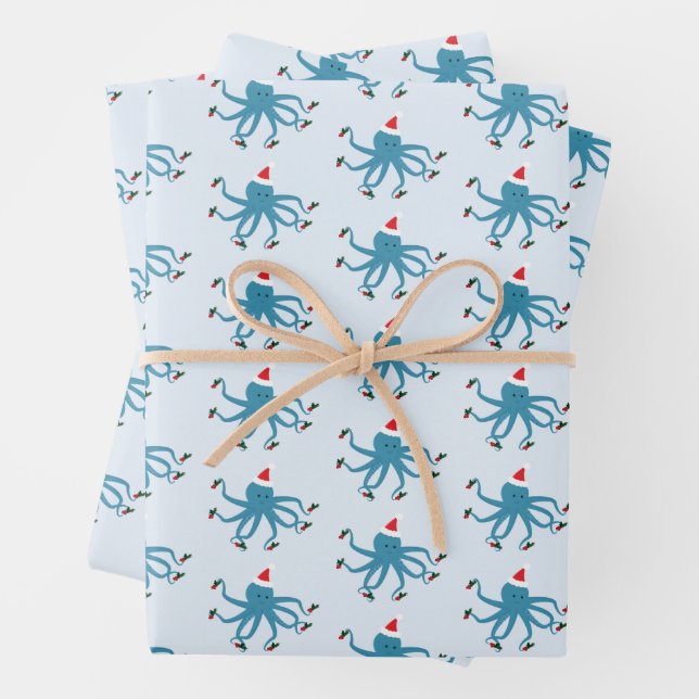 Holly Berry Octopus Santa Hat Animal Christmas Wrapping Paper Sheet (In situ)