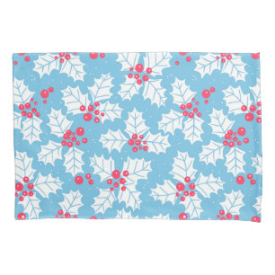 Holly berry on blue pillowcase