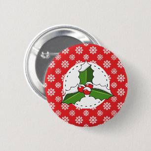 Holly Berry on Red White Snowflakes Pattern 6 Cm Round Badge