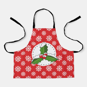 Holly Berry on Red White Snowflakes Pattern Apron
