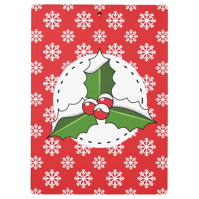Holly Berry on Red White Snowflakes Pattern Clipboard (Back)