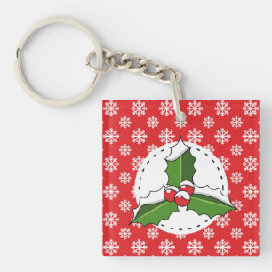 Holly Berry on Red White Snowflakes Pattern Key Ring