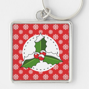 Holly Berry on Red White Snowflakes Pattern Key Ring