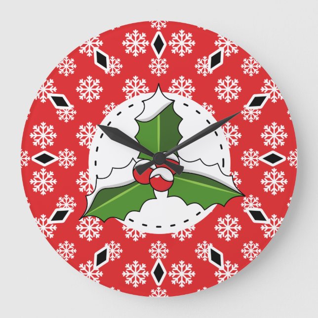 Holly Berry on Red White Snowflakes Pattern Large Clock (Front)