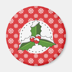 Holly Berry on Red White Snowflakes Pattern Magnet
