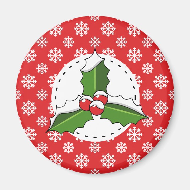 Holly Berry on Red White Snowflakes Pattern Magnet (Front)