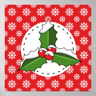 Holly Berry on Red White Snowflakes Pattern Poster