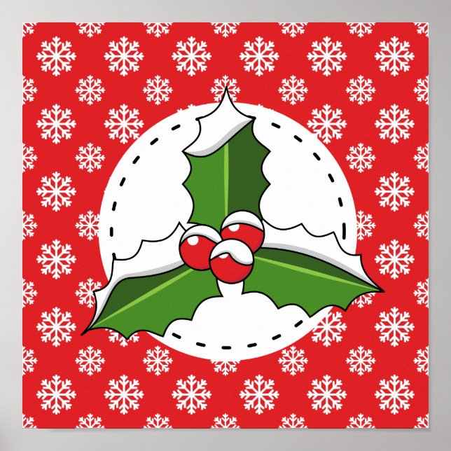 Holly Berry on Red White Snowflakes Pattern Poster (Front)