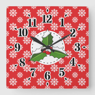 Holly Berry on Red White Snowflakes Pattern Square Wall Clock