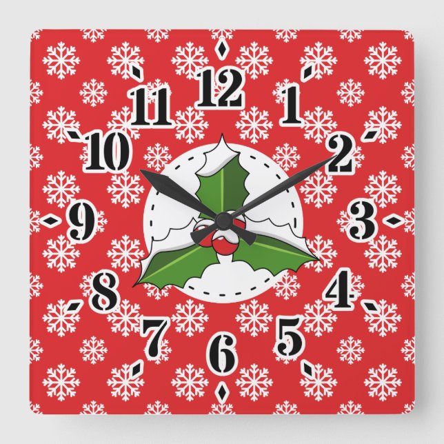 Holly Berry on Red White Snowflakes Pattern Square Wall Clock (Front)