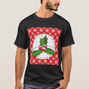Holly Berry on Red White Snowflakes Pattern T-Shirt