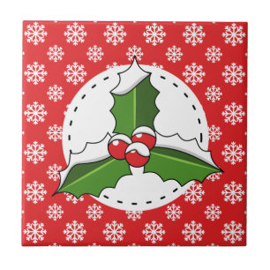 Holly Berry on Red White Snowflakes Pattern Tile