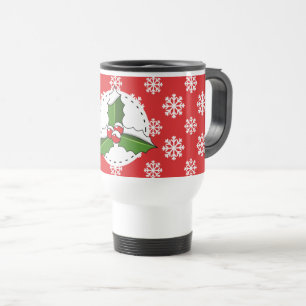 Holly Berry on Red White Snowflakes Pattern Travel Mug