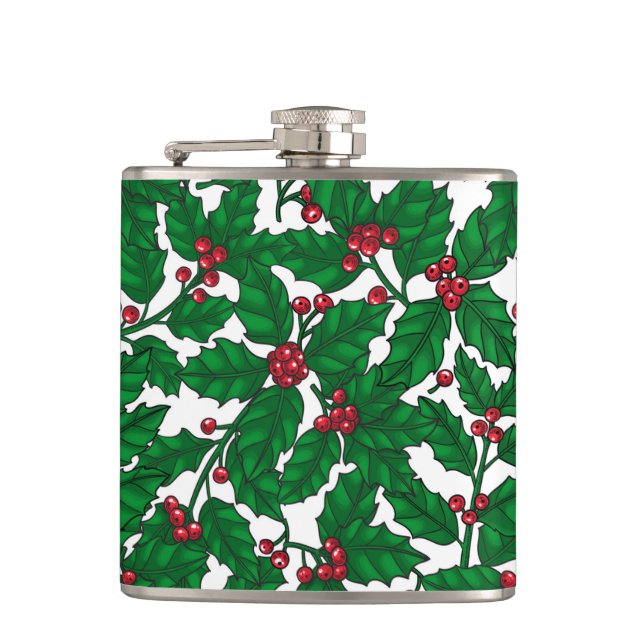 Holly berry on white hip flask (Front)