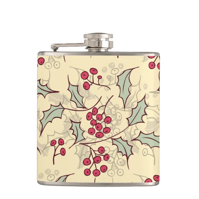 Holly berry pattern design hip flask (Front)