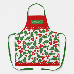 Holly berry pattern scalloped borders Christmas Apron