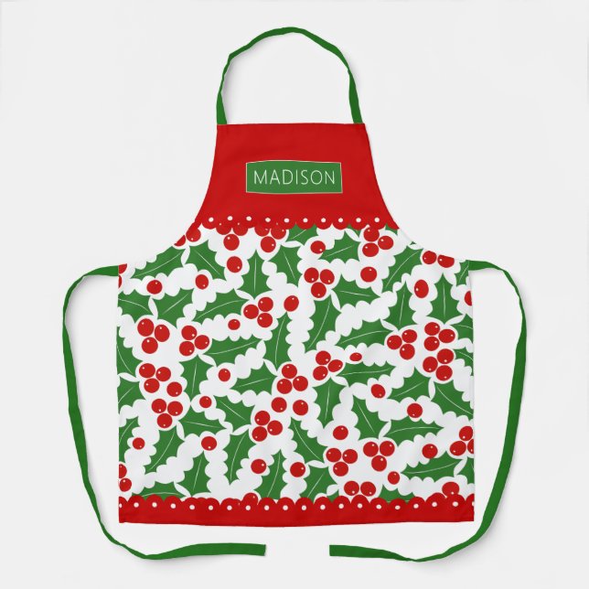 Holly berry pattern scalloped borders Christmas Apron (Front)