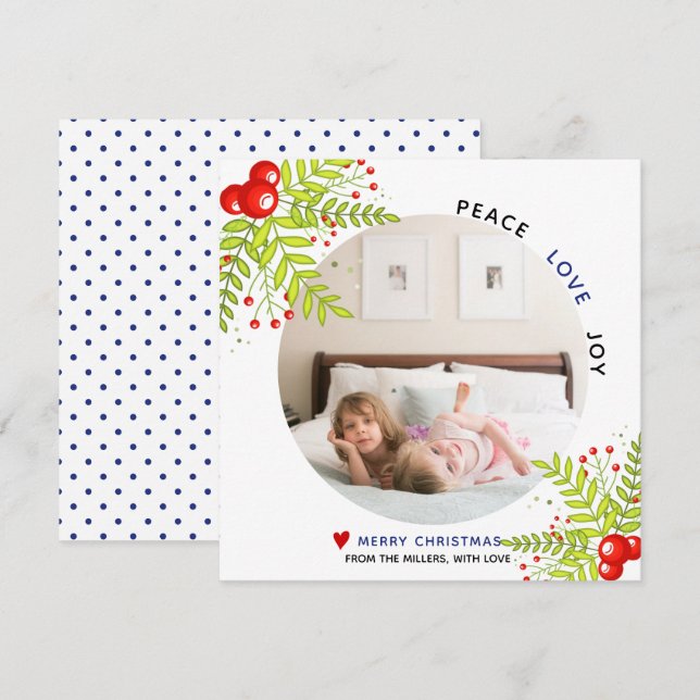 Holly berry Peace Love Joy blue Christmas photo  Holiday Card (Front/Back)