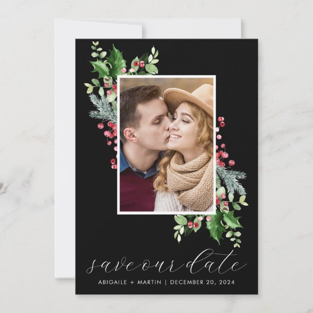 Holly Berry Photo Save The Date Holiday Card (Front)