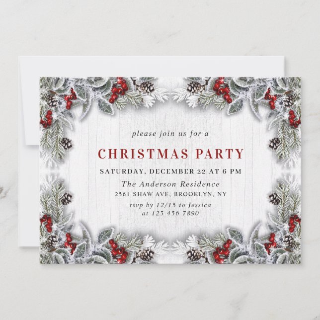 Holly Berry Pine Cones Branch Christmas Party Invitation (Front)