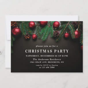 Holly Berry Pine Cones Branch Christmas Party Invitation