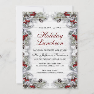 Holly Berry Pine Cones Branch Holiday Luncheon Invitation