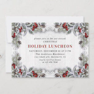 Holly Berry Pine Cones Branch HOLIDAY LUNCHEON Invitation