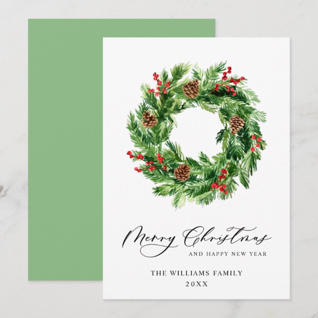 Holly Berry Pine Cones Christmas Wreath Holiday Card (Front/Back)